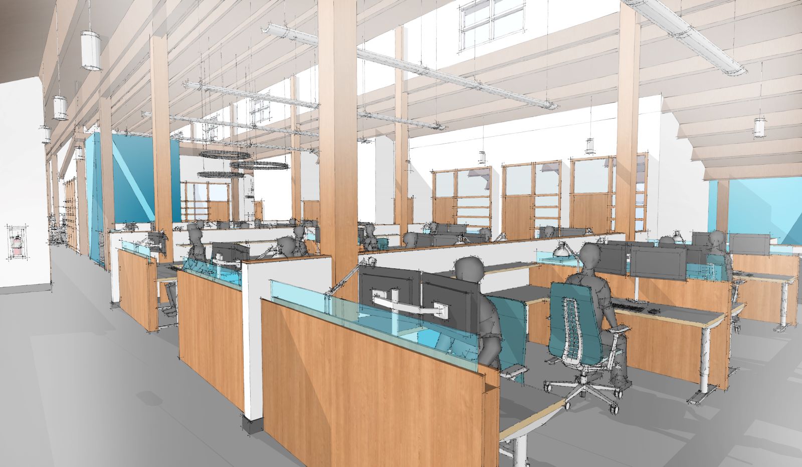 Architectural rendering of a spacious open-plan office featuring wood columns, cubicles, and blue glass dividers.