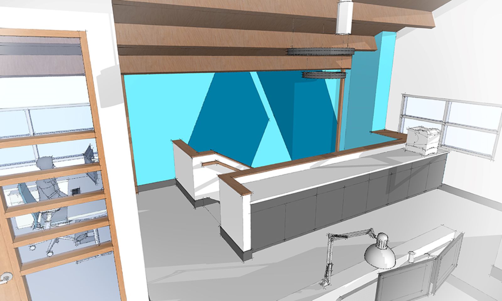 Architectural rendering of an office workspace with a long counter, blue geometric wall, and exposed wood beams.