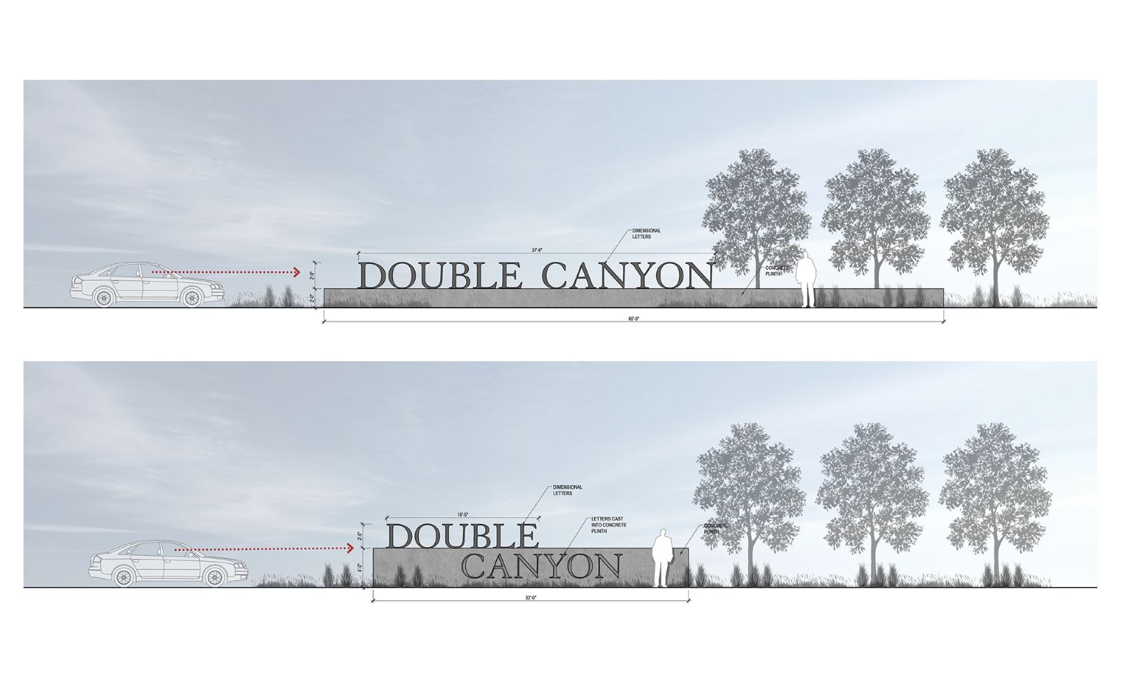 Architectural elevation rendering of two entry signage design options for Double Canyon.