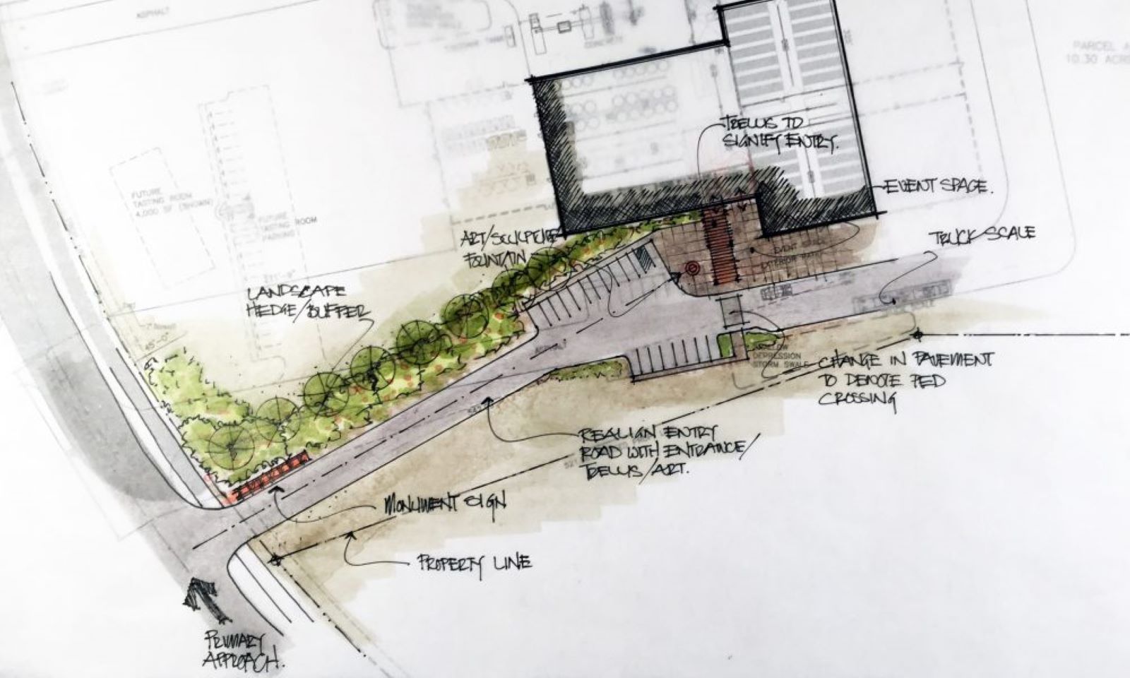 Hand-drawn architectural site plan with watercolor accents and annotations showing a winery layout.