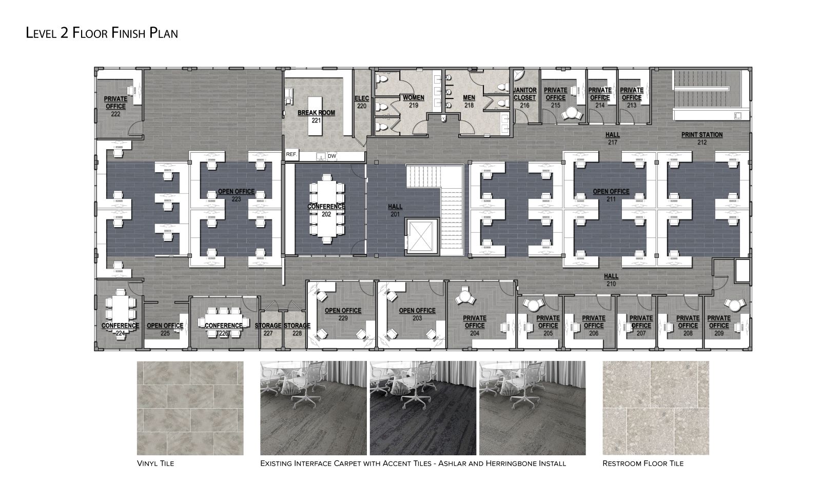 Level 2 floor finish plan for an office layout, featuring material swatches for carpet and tile below.