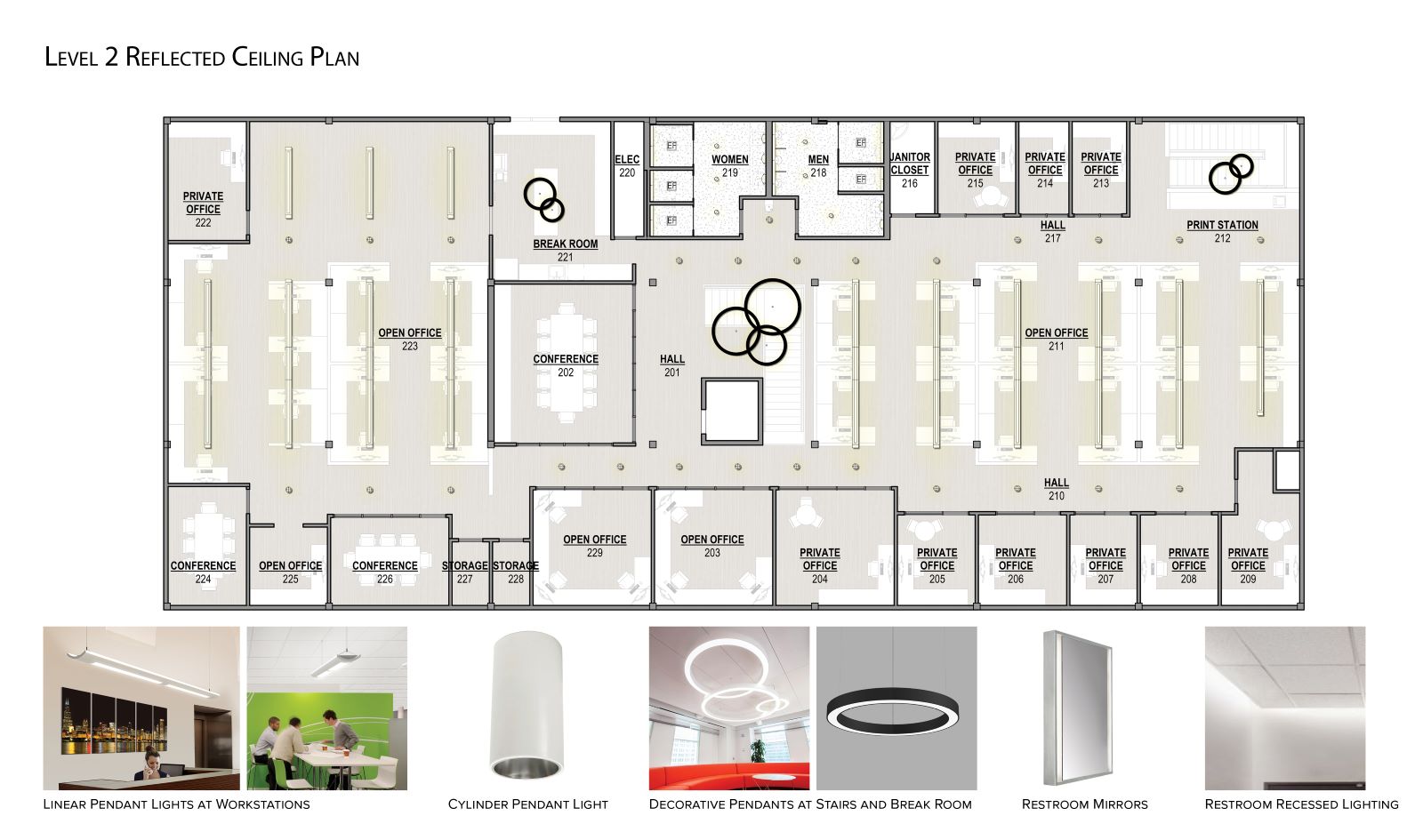 Level 2 reflected ceiling plan diagram for an office layout, with reference photos of lighting fixtures below.