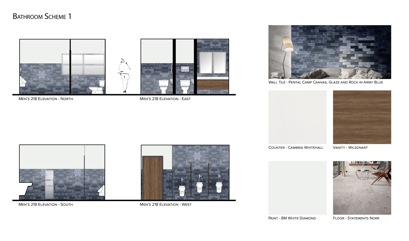 Bathroom design board showing architectural elevations alongside material swatches of blue tile, wood, and stone.