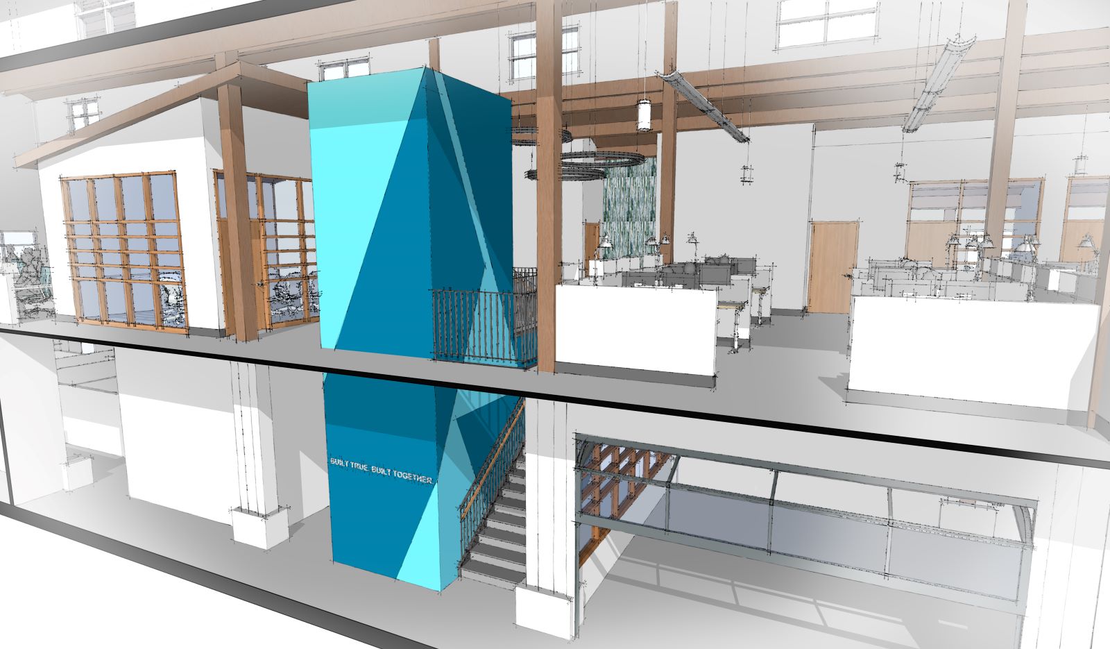 Architectural rendering of a modern two-story office space with a bright blue geometric central stairwell.