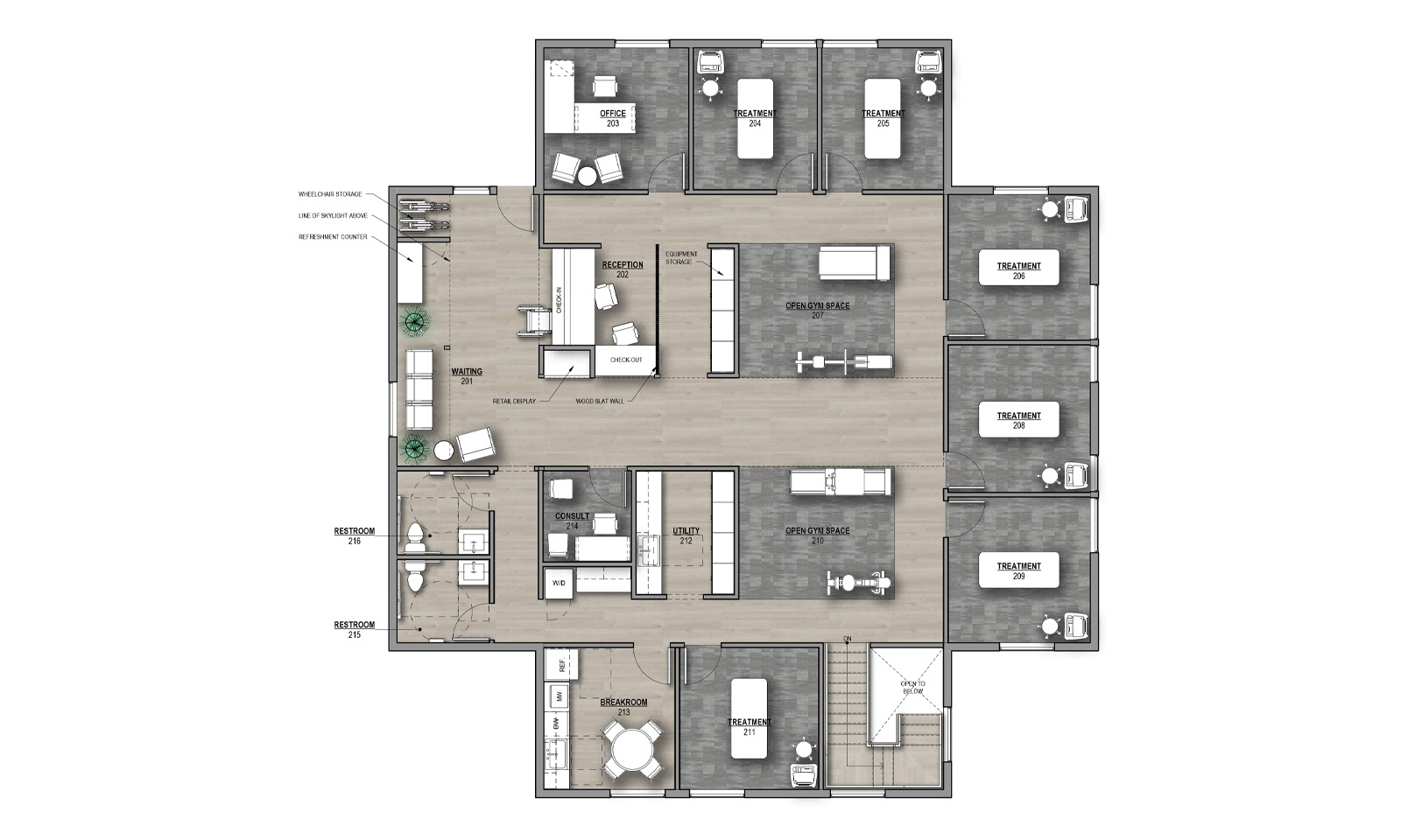 Architectural floor plan layout of a physical therapy clinic with treatment rooms, reception, and open gym areas.