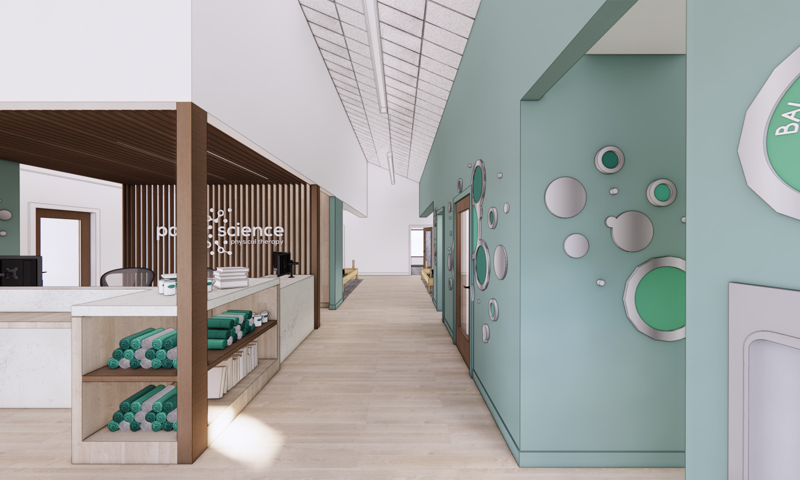 3D rendering of a physical therapy clinic lobby with a wood-slat reception desk, light floors, and teal walls.