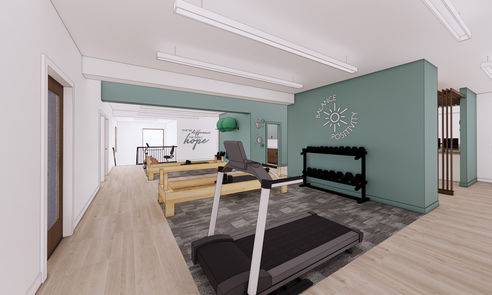 Rendering of a physical therapy clinic gym with a treadmill, dumbbell rack, and sage green accent wall.
