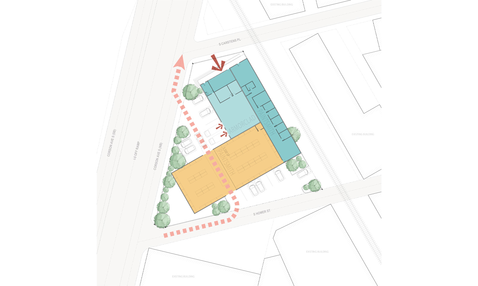 Site plan diagram with teal and orange color-coded building zones, parking spaces, and red traffic flow arrows.