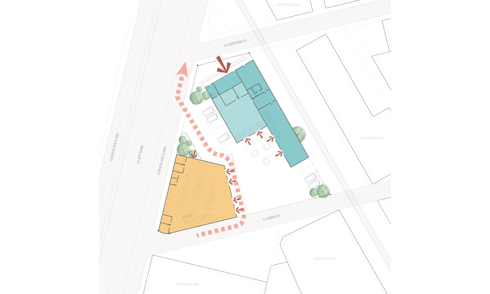 Architectural site plan diagram with teal and orange highlighted building footprints and red circulation arrows.