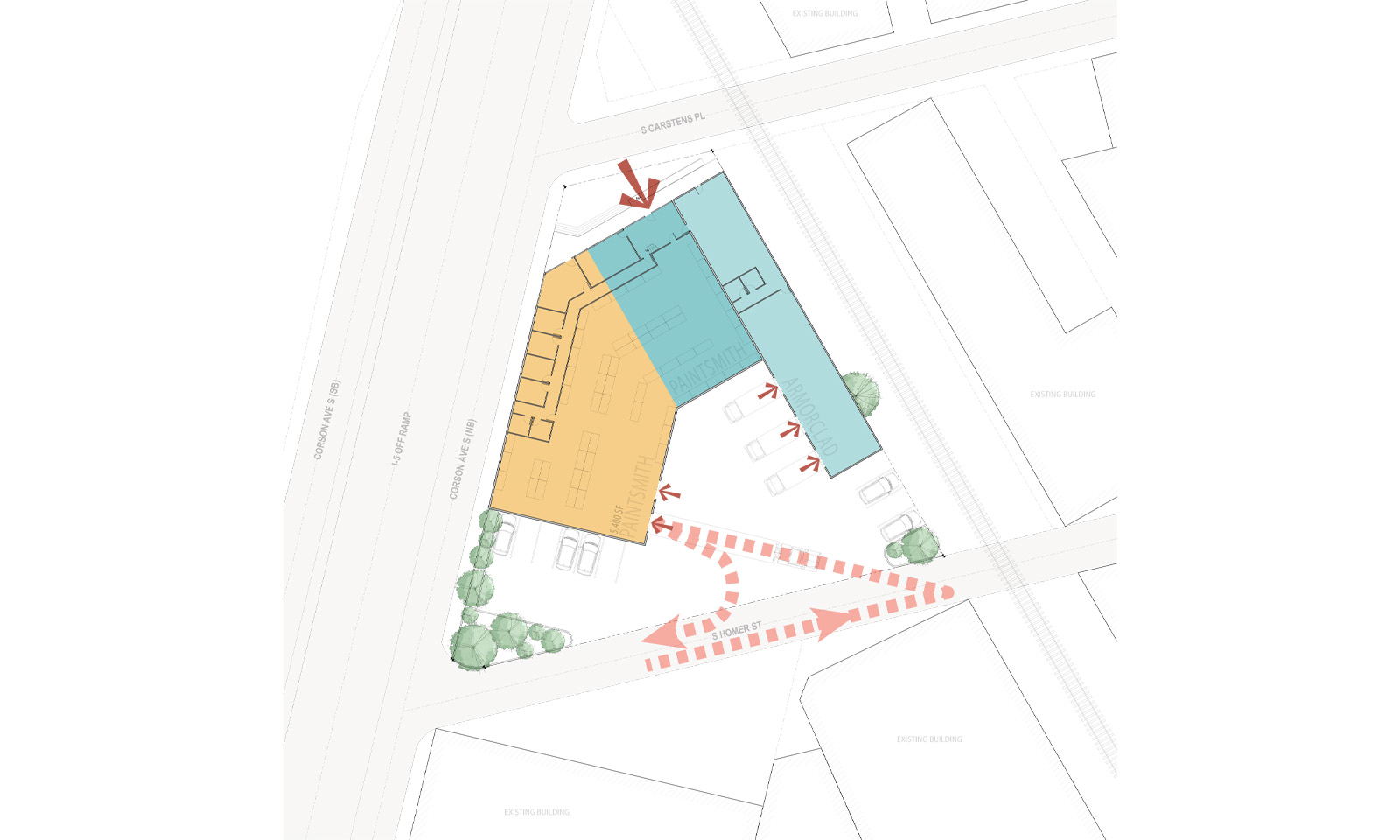 Architectural site plan diagram showing color-coded building zones and traffic circulation with red arrows.