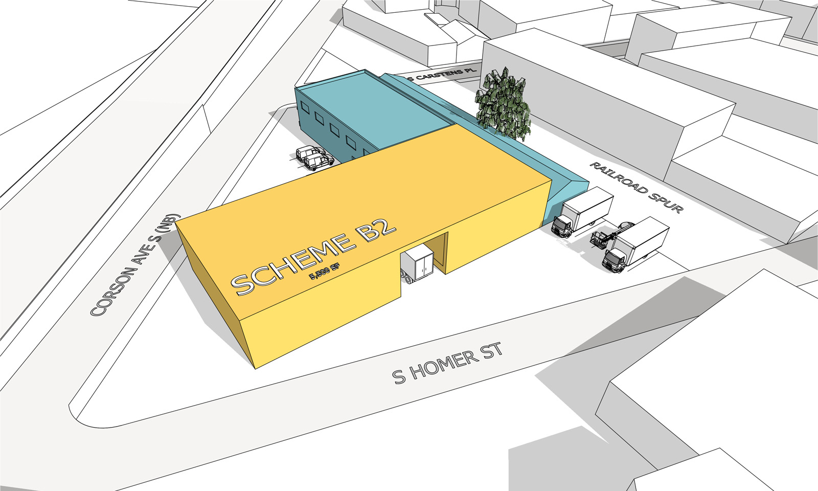 3D architectural massing diagram of Scheme B2, showing a yellow building volume on a street corner.