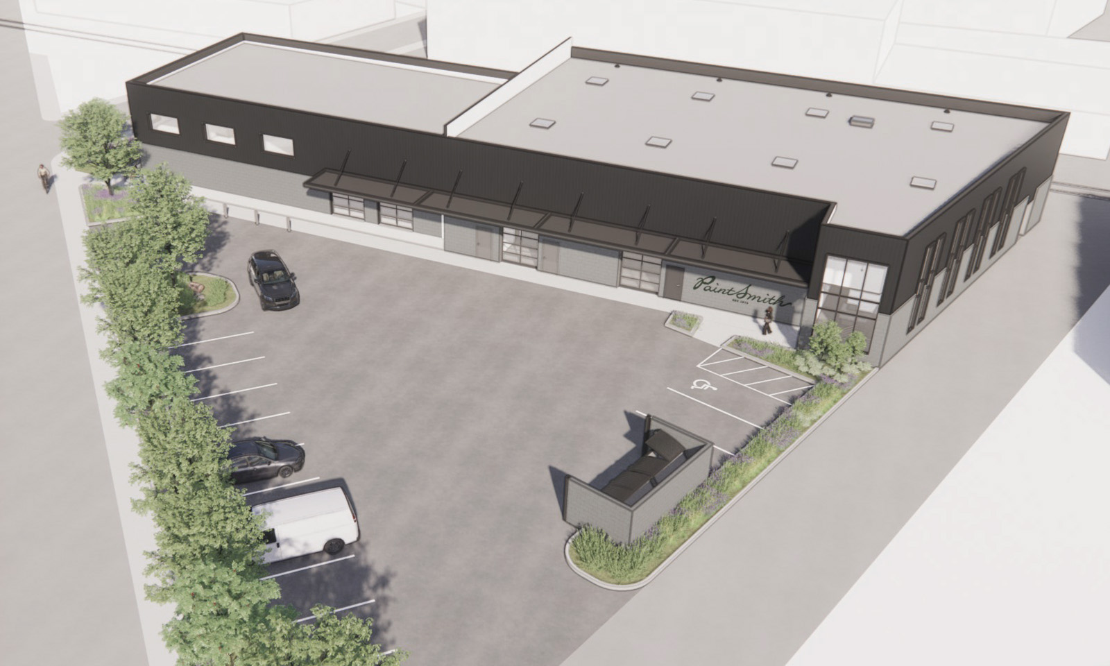 3D rendering of a modern grey and black commercial building with an adjacent parking lot and landscaping.