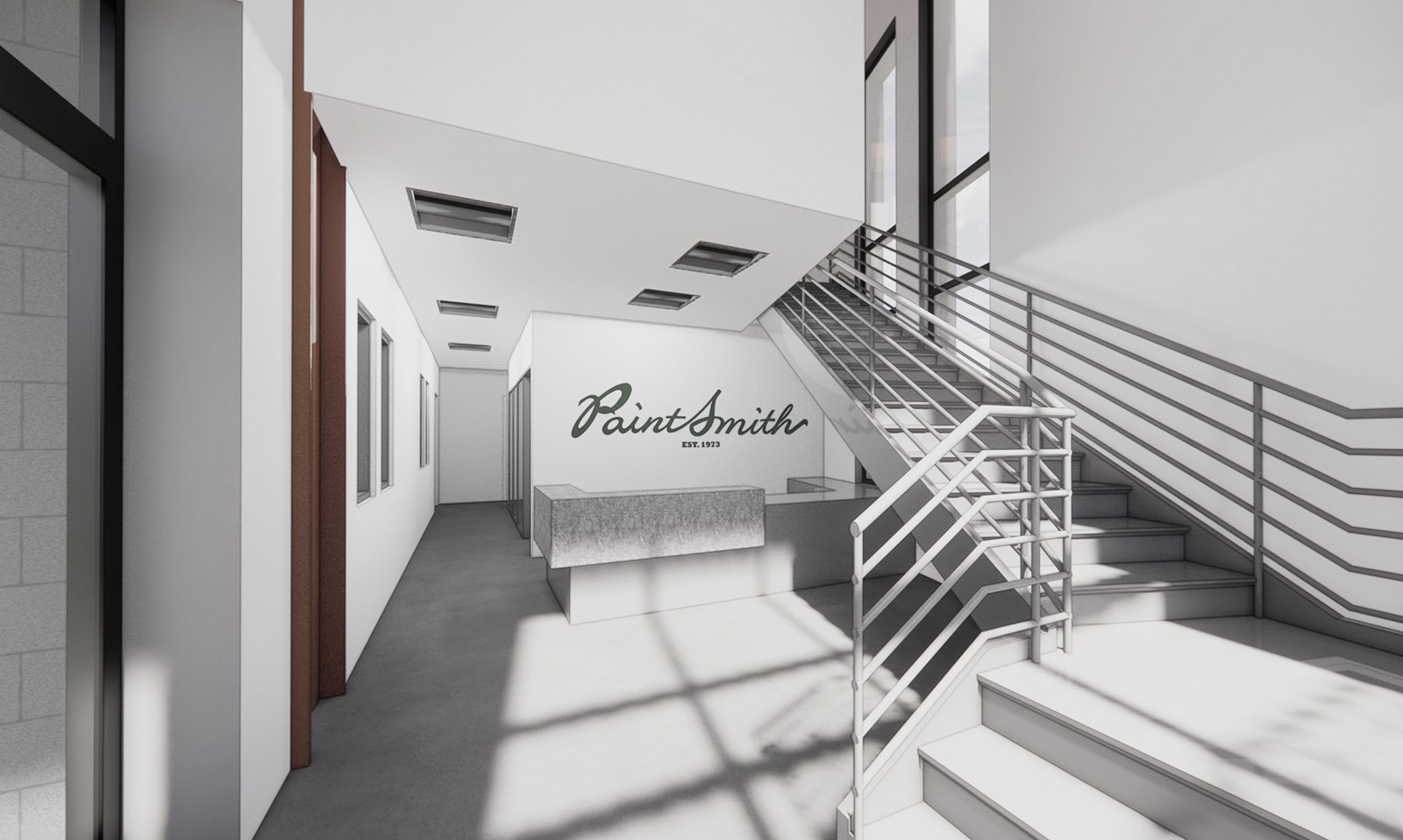 Architectural rendering of a minimalist office lobby with a reception desk, staircase, and Paint Smith logo.