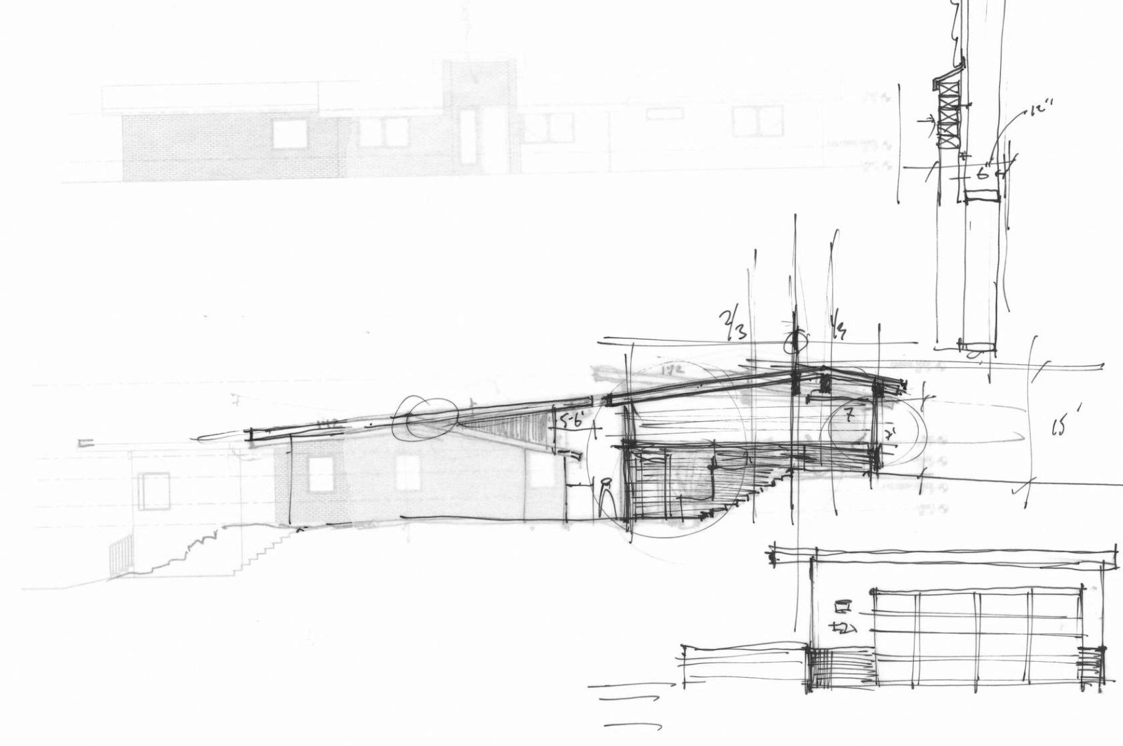 Hand-drawn architectural sketches of a modern house elevation and section with handwritten dimensions.