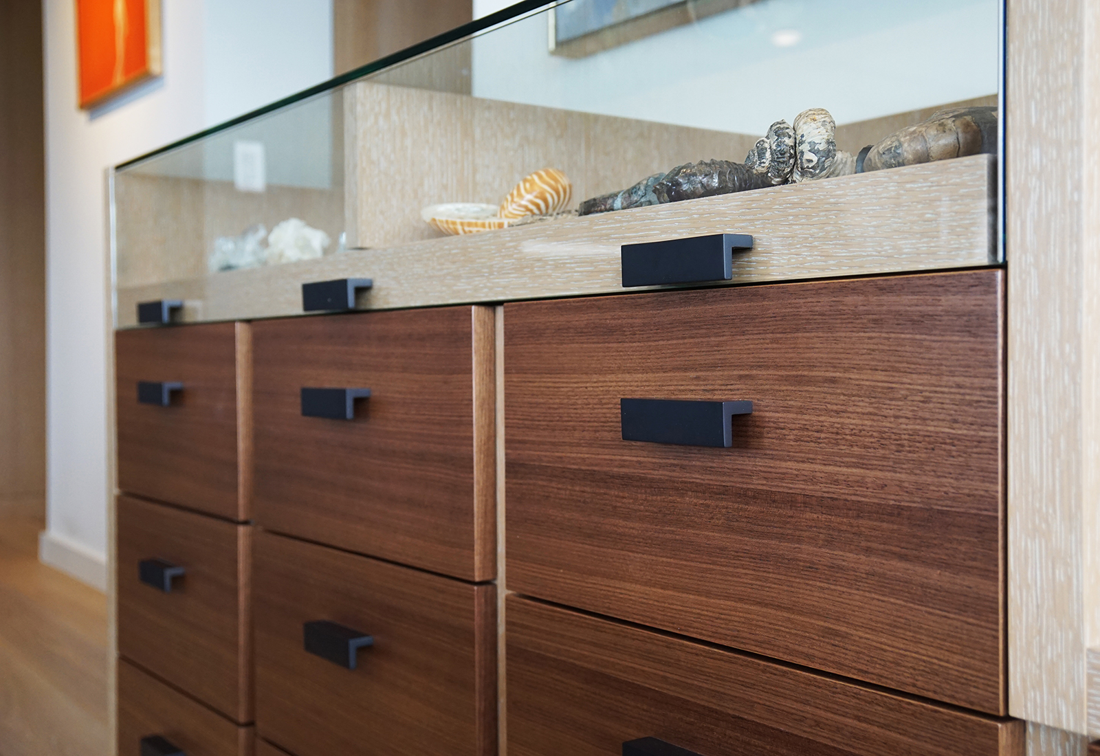 Custom walnut drawers with black pulls beneath a glass display case showcasing shells and fossils.