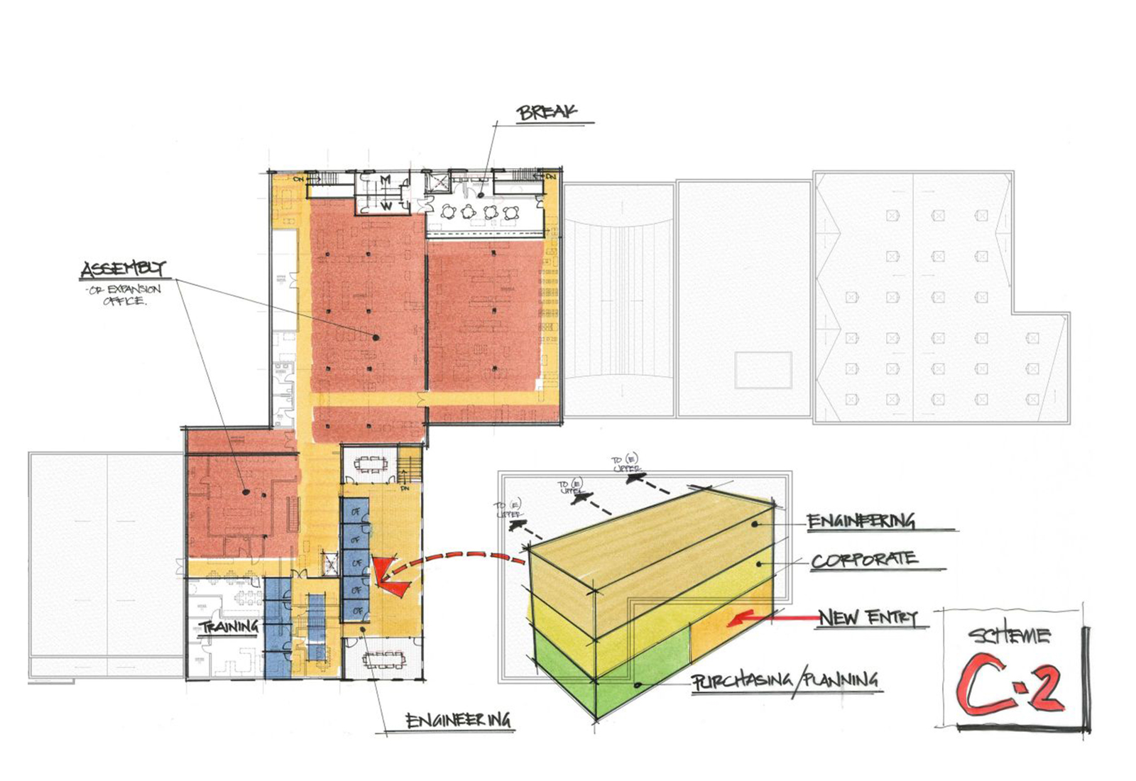 Color-coded architectural floor plan sketch and 3D diagram labeled Scheme C-2 with handwritten annotations.