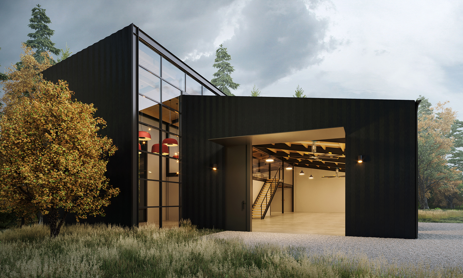 Architectural rendering of a modern black metal building with a large glass facade and open bay in a forest.