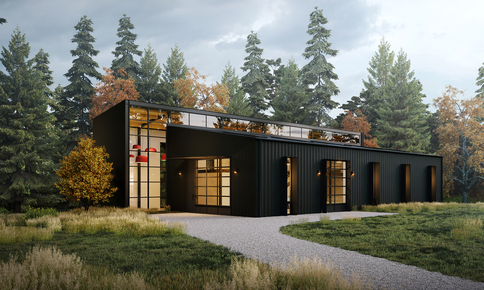 Rendering of a modern black corrugated metal home with large grid windows, set in a forested landscape.