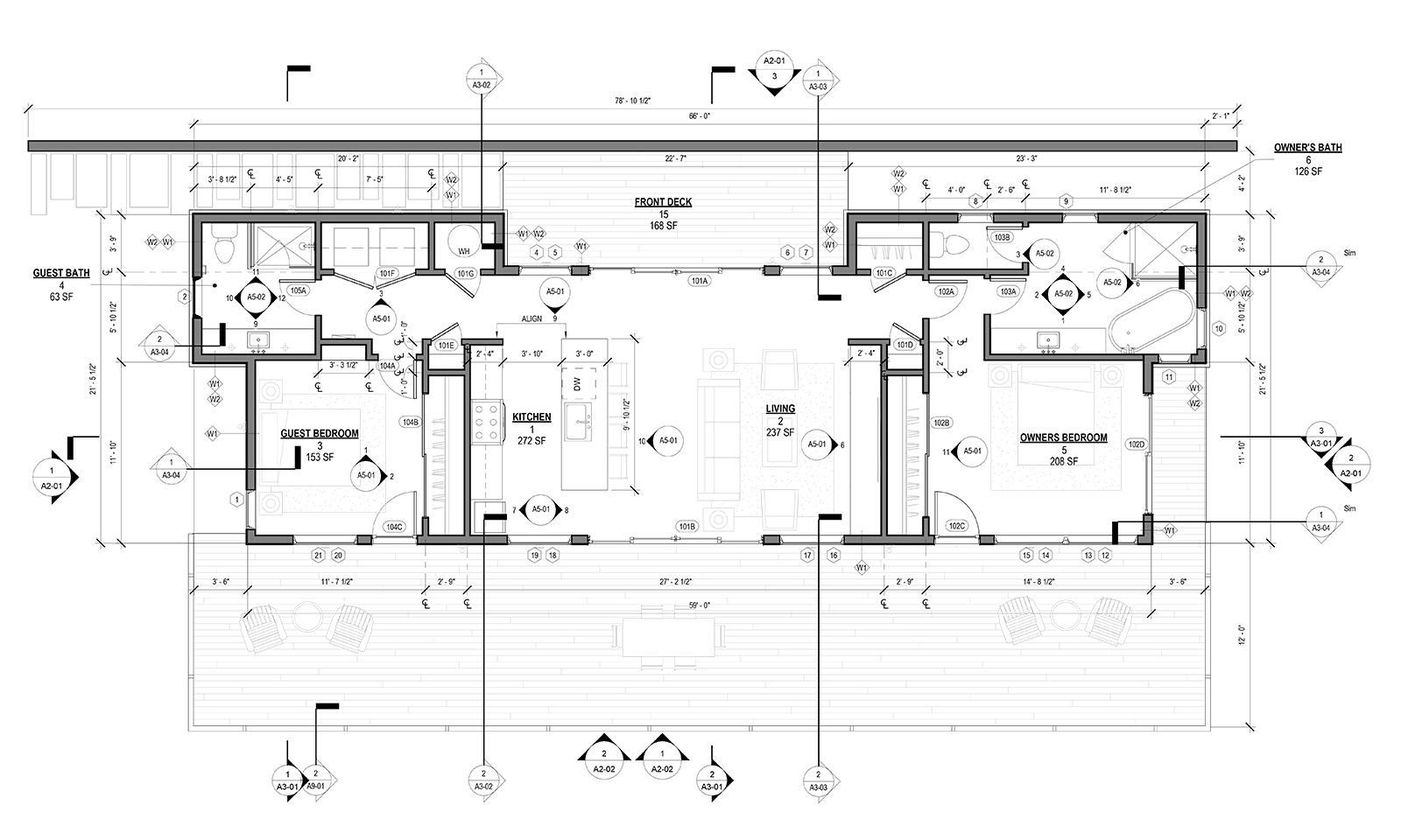 Architectural floor plan blueprint showing the layout of a residential home with bedrooms, kitchen, and deck.