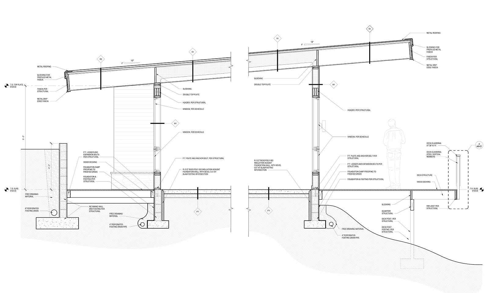 Architectural section drawing detailing the foundation, wall framing, roof overhang, and deck structure.