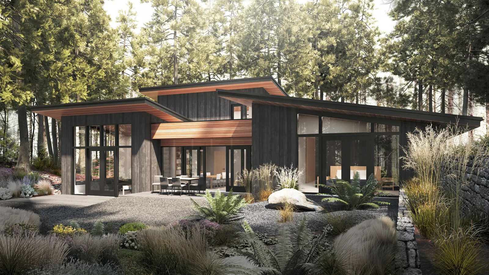 Architectural rendering of a modern home with dark siding and cedar accents nestled in a pine forest.