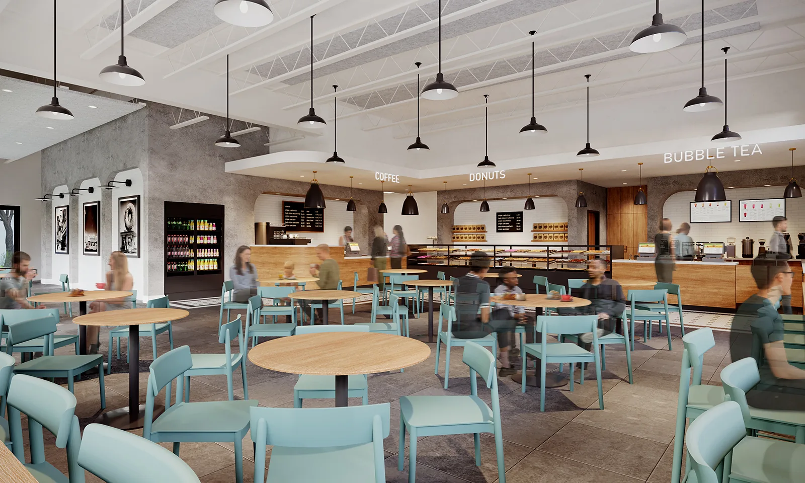 Rendering of a modern cafe interior with light blue chairs, round wooden tables, and industrial pendant lights.