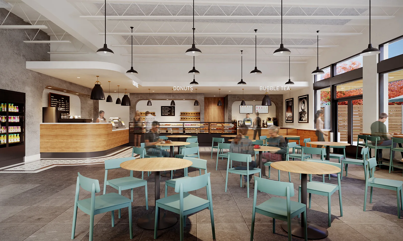 Rendering of a modern cafe interior with round wood tables, teal chairs, and industrial black pendant lights.