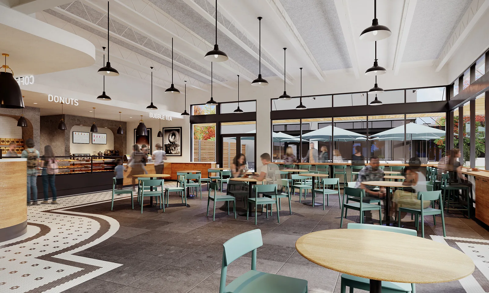 Rendering of a bright, modern cafe interior with mint green chairs, wood tables, and large windows.