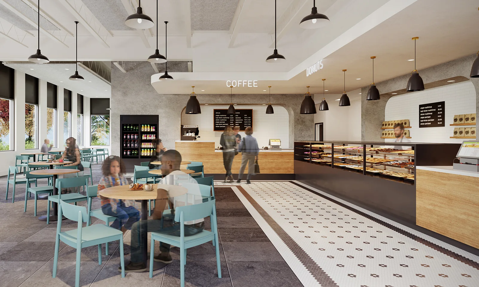 Rendering of a modern cafe interior featuring teal chairs, wood tables, and a long donut display counter.