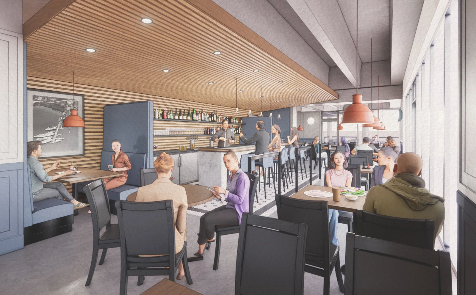 Rendering of a modern restaurant interior featuring a wood slat ceiling, blue booths, and a bar.