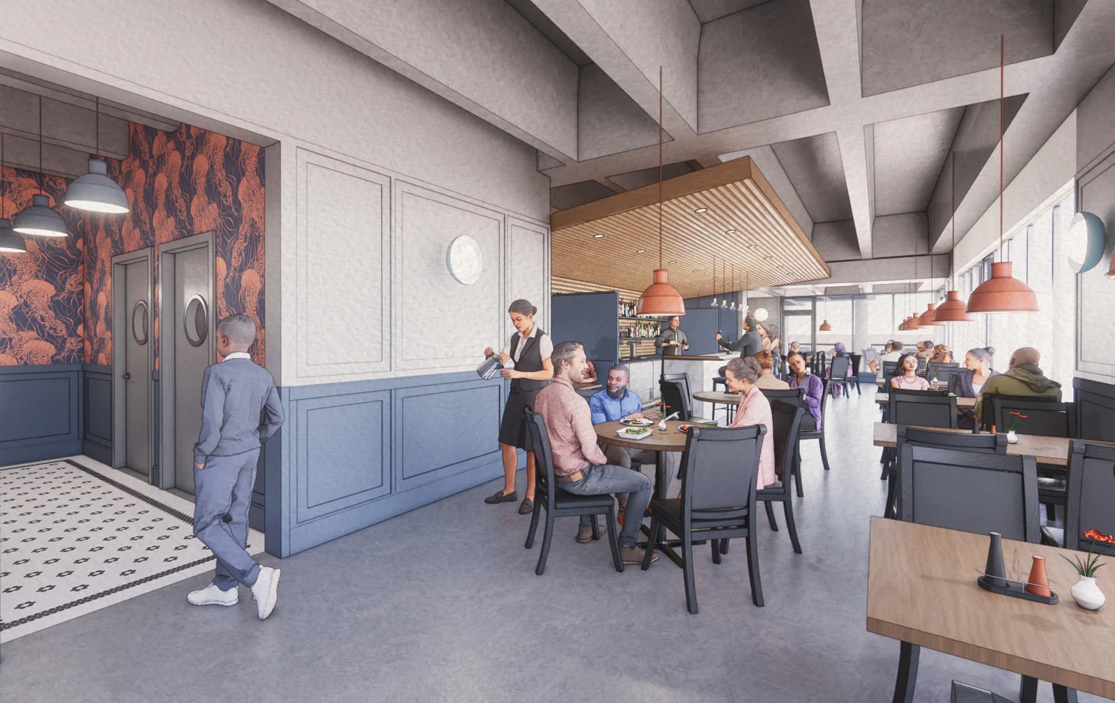 Rendering of a modern restaurant interior featuring blue paneling, concrete ceilings, and patrons dining.