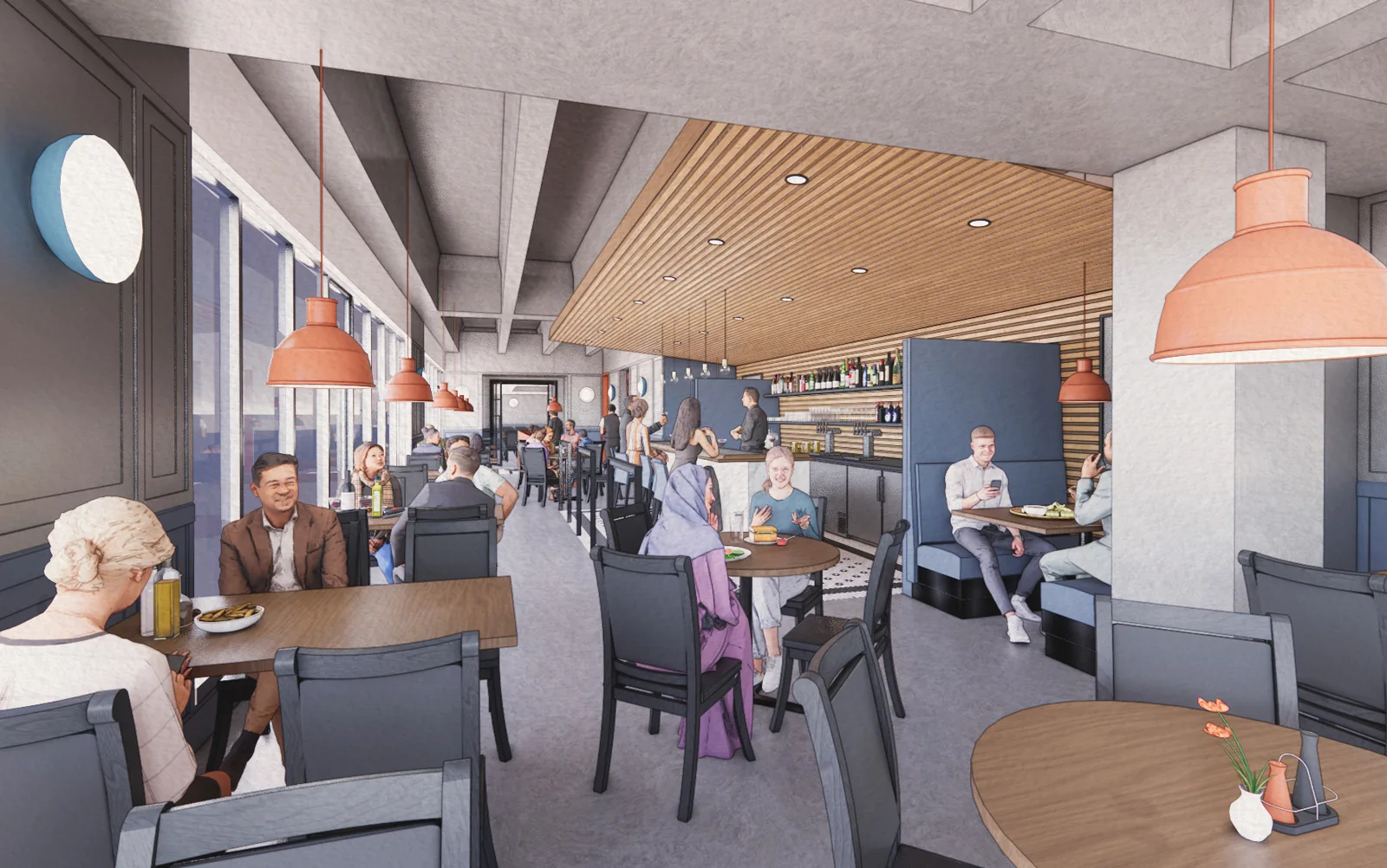 Rendering of a modern restaurant interior with wood slat ceilings, orange pendant lights, and patrons dining.