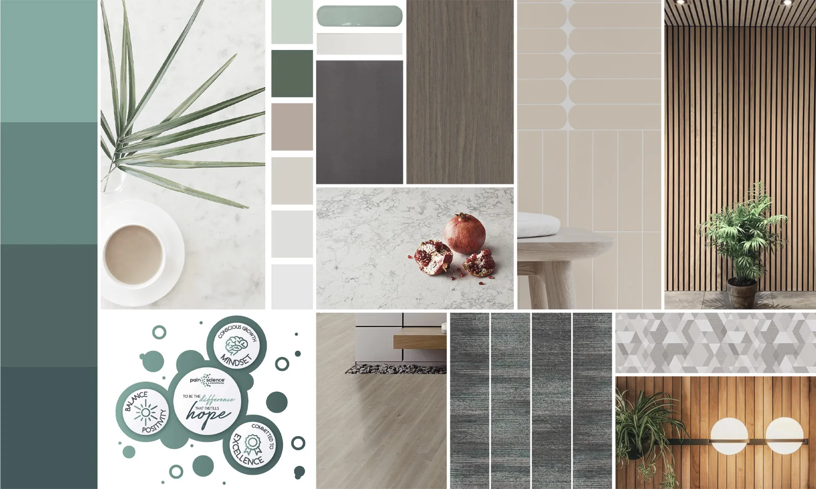 Interior design mood board with green and beige color swatches, wood textures, stone samples, and plant details.