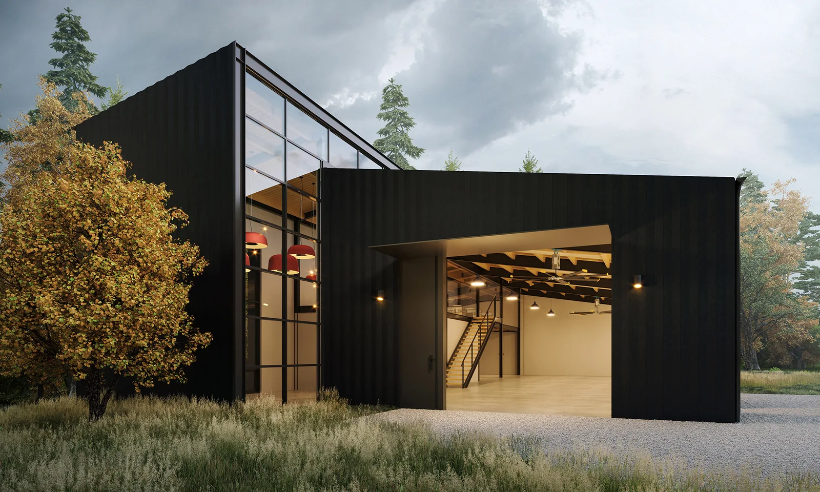 Architectural rendering of a modern black metal building with a large glass facade and open bay in a forest.