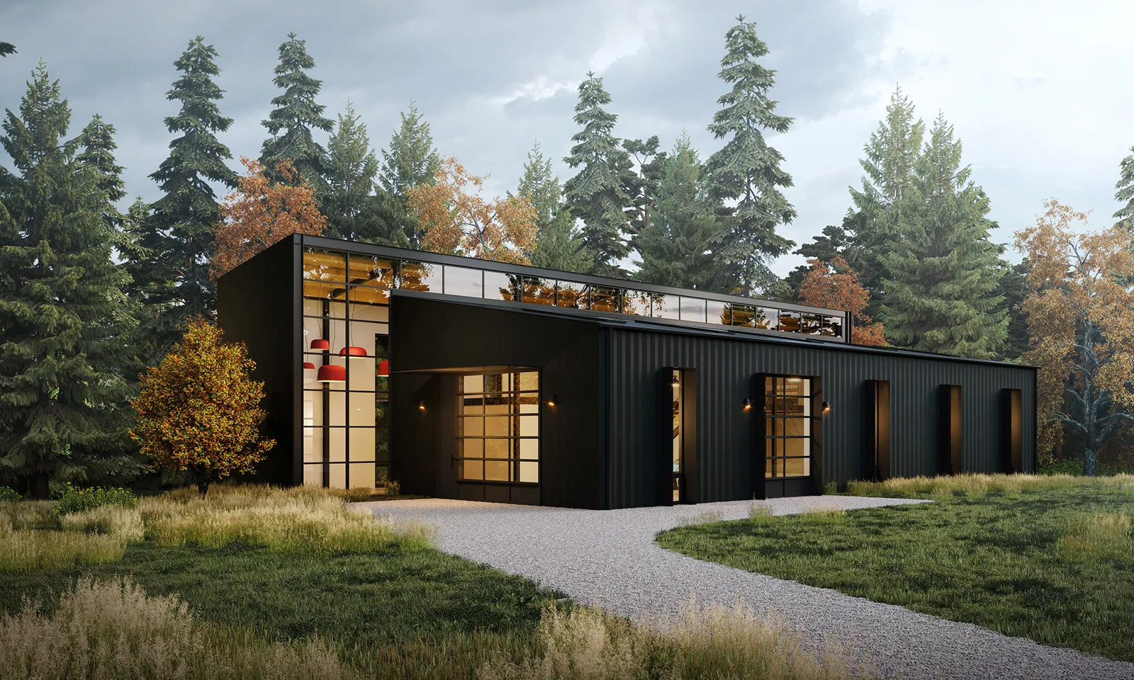 Rendering of a modern black corrugated metal home with large grid windows, set in a forested landscape.