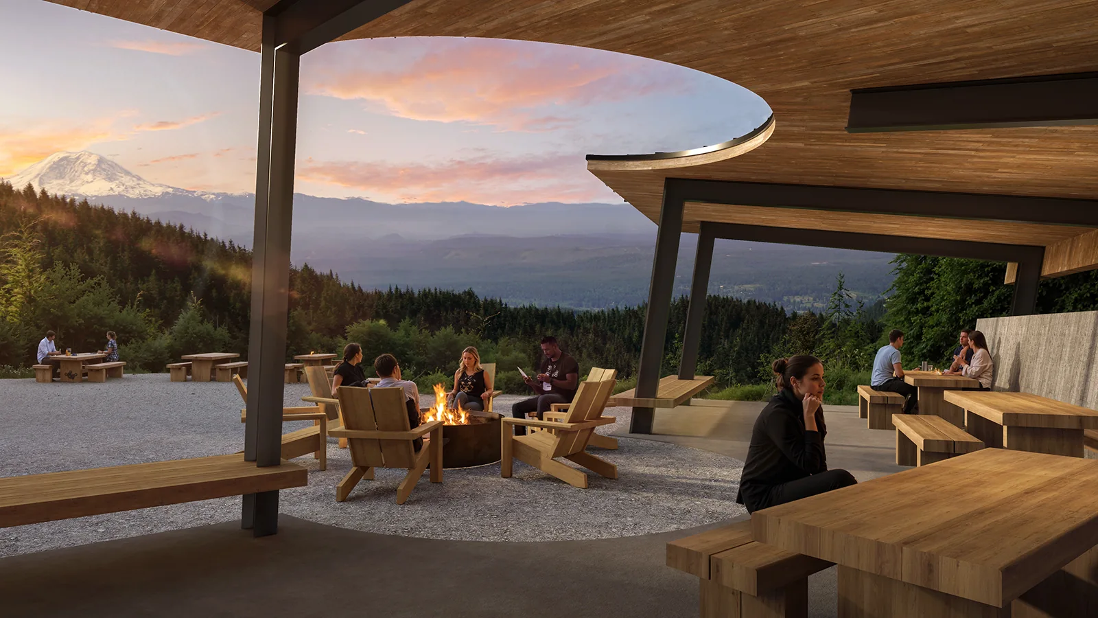 Rendering of a modern wood pavilion with a fire pit and seating, overlooking Mt. Rainier at sunset.