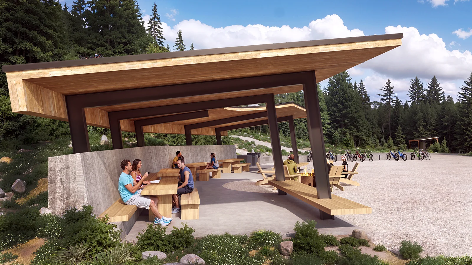 Rendering of a modern park pavilion with an angled wood roof, steel frame, and picnic tables in a forested setting.