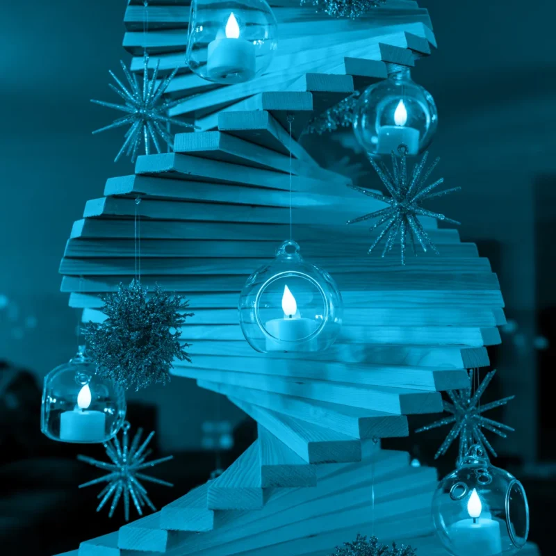 Spiral wooden holiday tree decorated with hanging glass candle globes and starburst ornaments in blue light.
