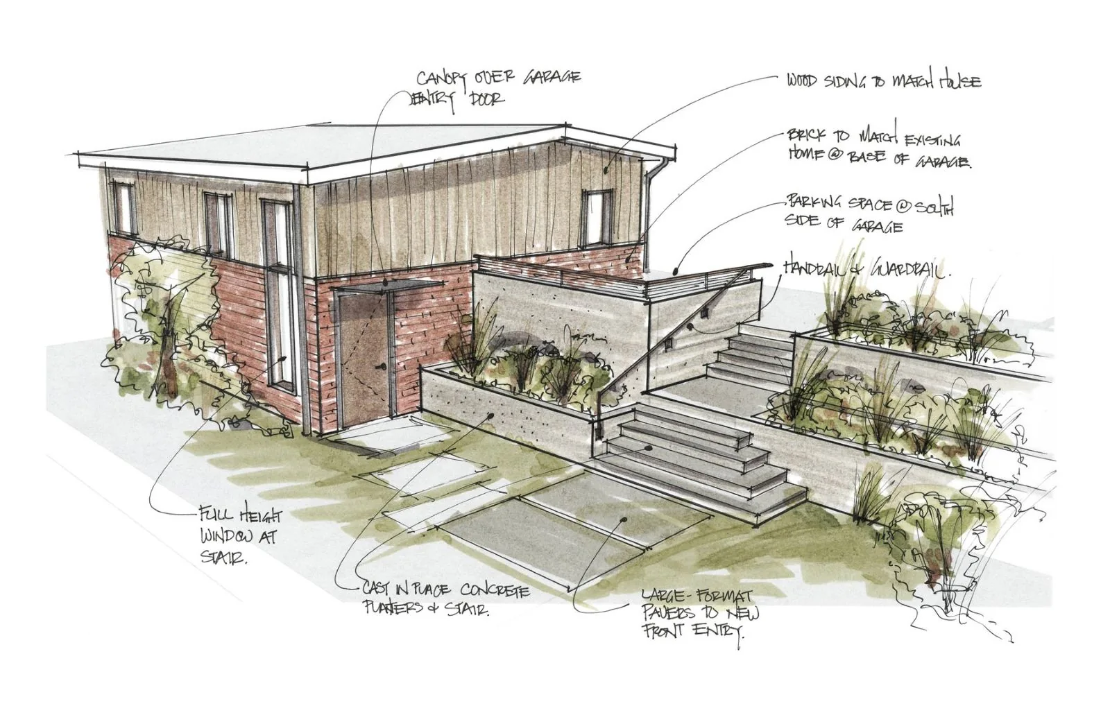 Architectural sketch of a modern building with brick and wood siding, concrete stairs, and handwritten design notes.