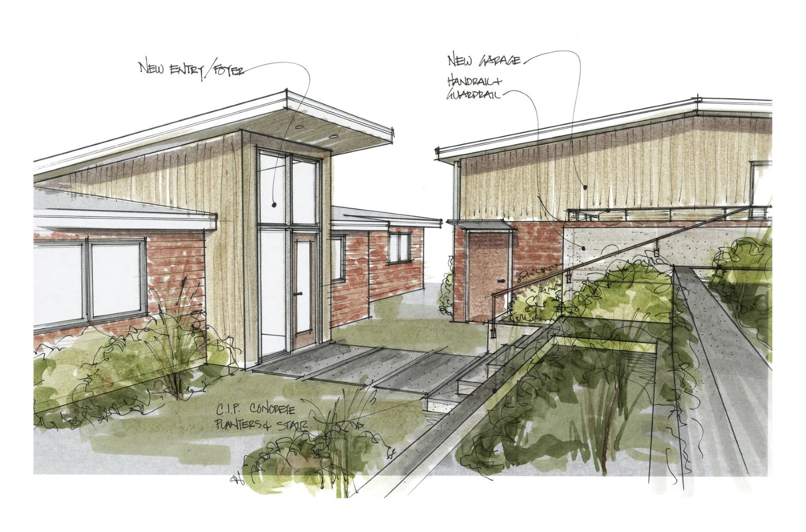 Architectural sketch of a modern home renovation showing a new entry foyer, garage, and concrete planters.