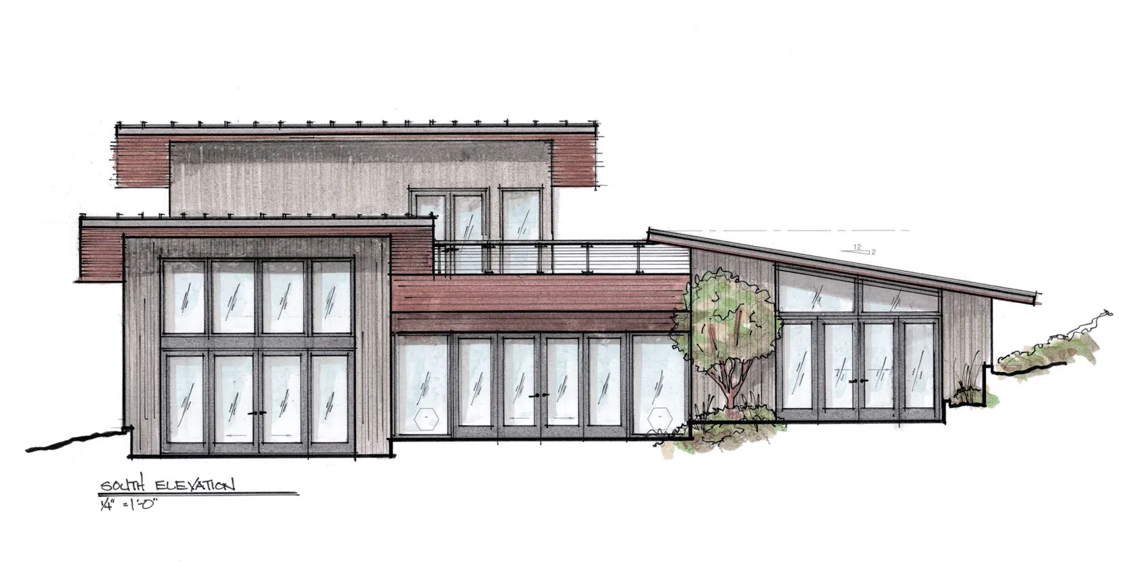 Hand-drawn architectural rendering of a modern house's south elevation with wood siding and glass doors.