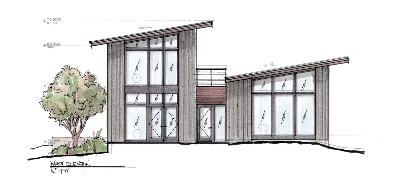 Architectural elevation sketch of a modern home with slanted shed roofs and large glass windows.