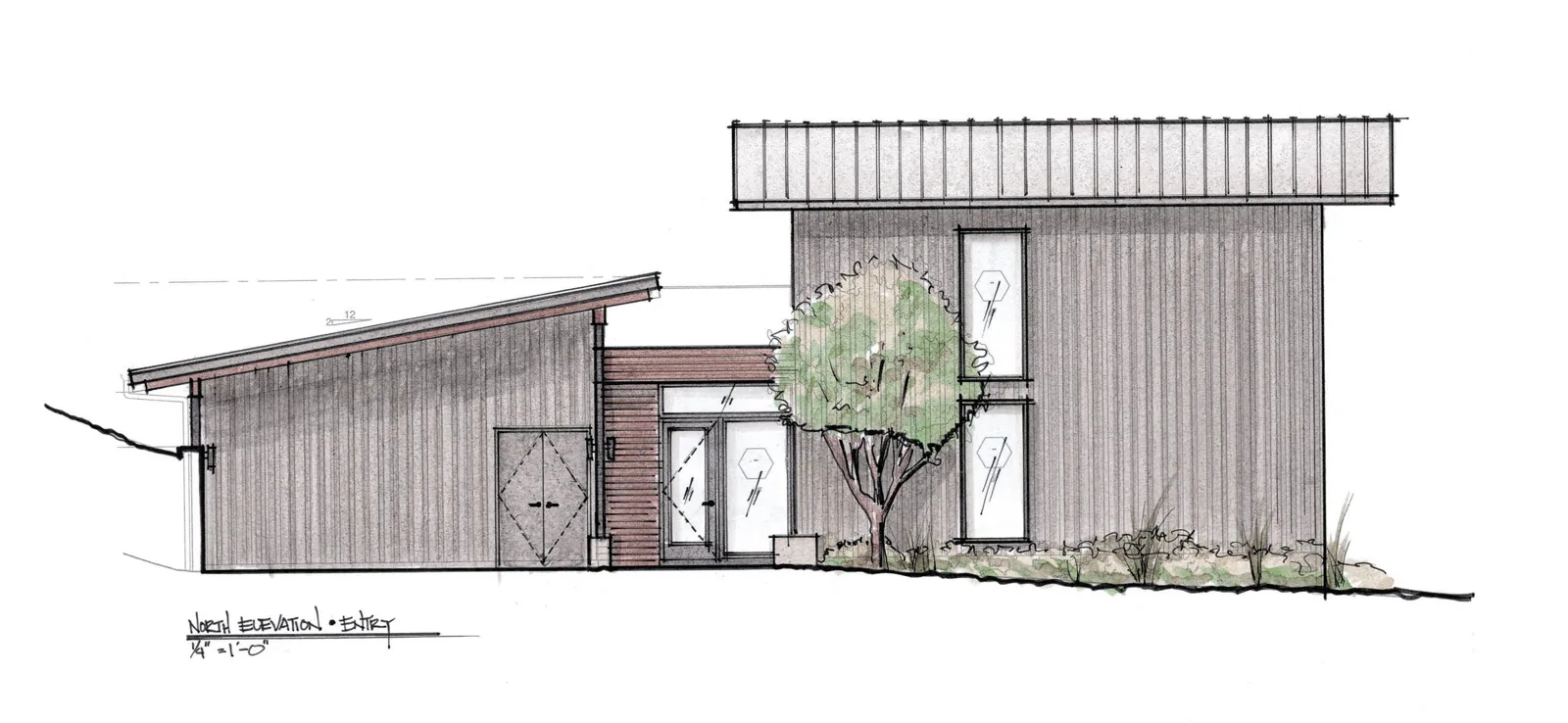 Architectural elevation sketch of a modern home with vertical siding, sloped roofs, and a central entry.