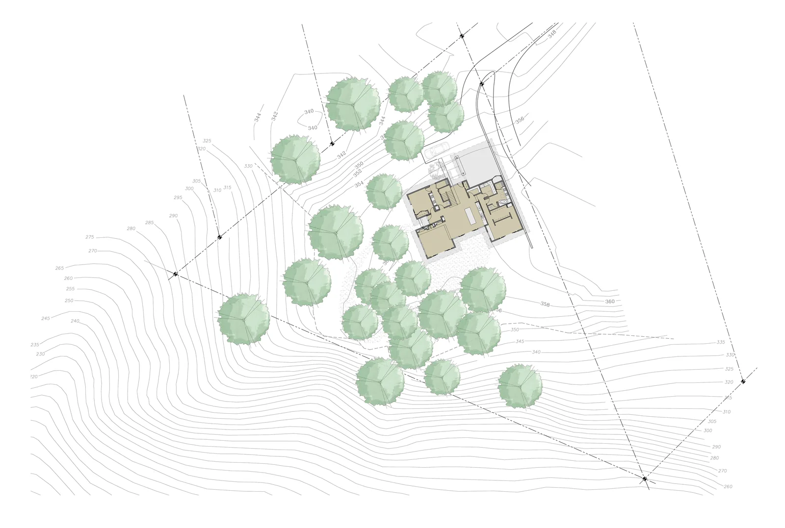 Architectural site plan showing a house floor plan nestled among green trees on a sloped, contoured property.