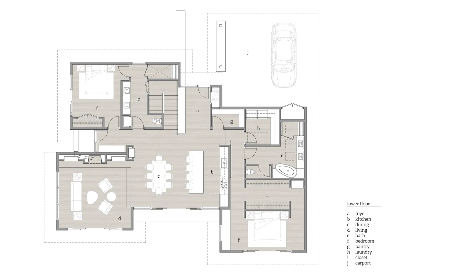 Architectural floor plan of a residential lower floor with labeled rooms, furniture layouts, and a carport.