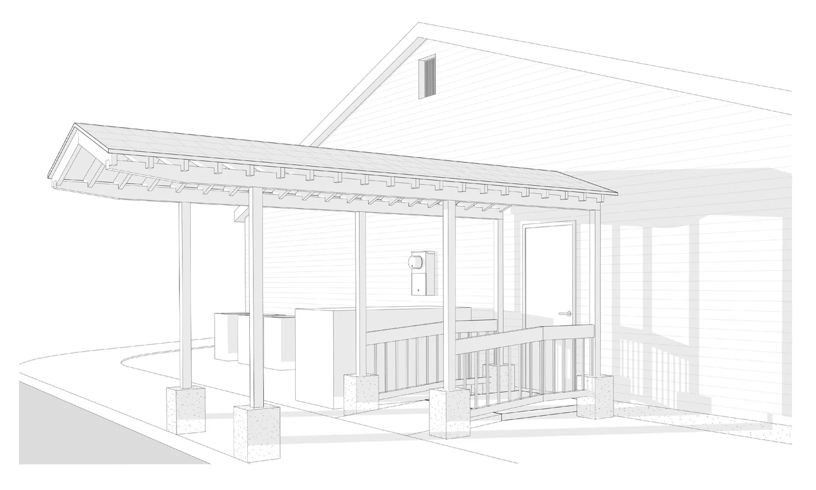 Architectural line drawing of a covered walkway and ramp leading to a building entrance.