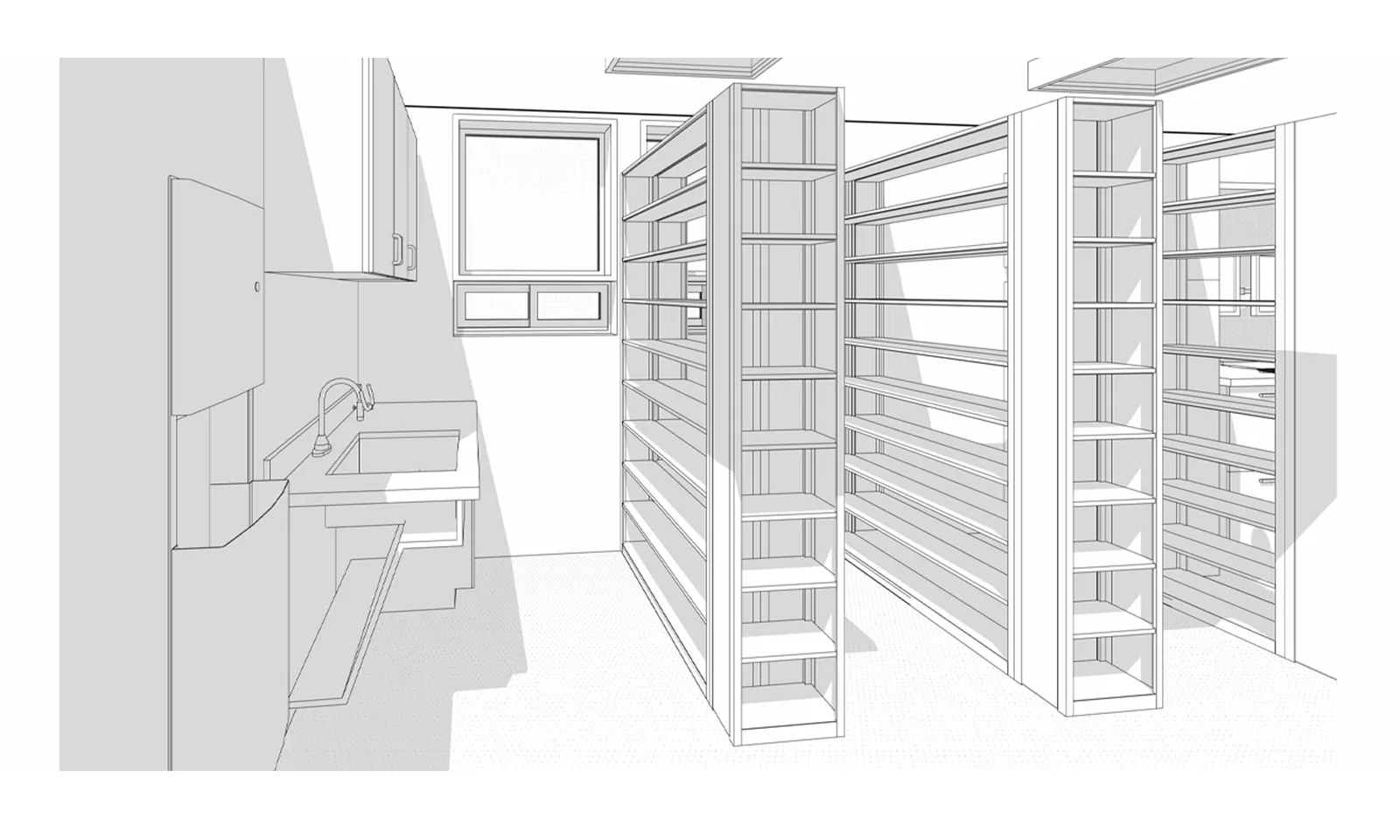 Architectural rendering of a clinic storage room with rows of tall open shelving and a sink.