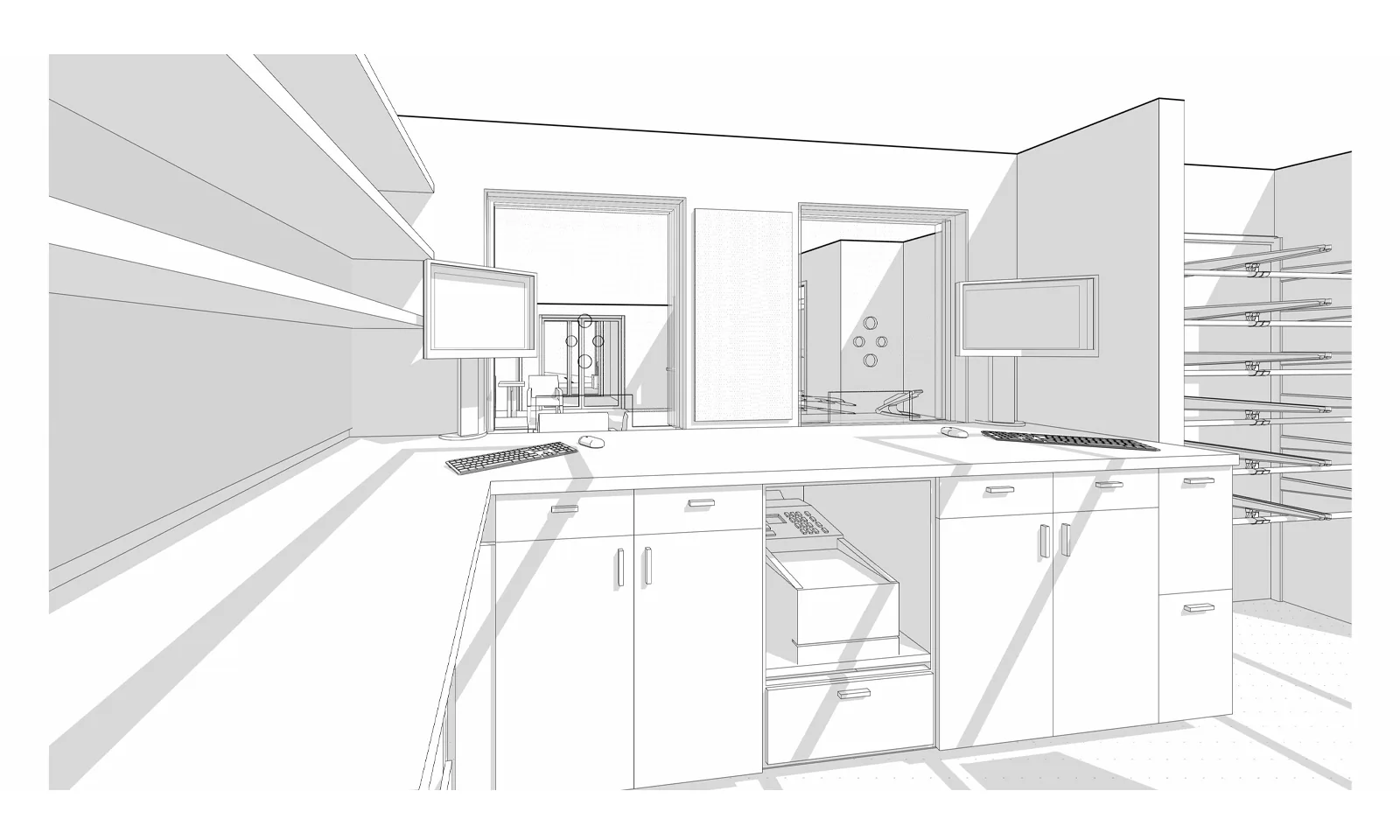 Architectural rendering of a clinic pharmacy counter with computer monitors, shelving, and storage cabinets.