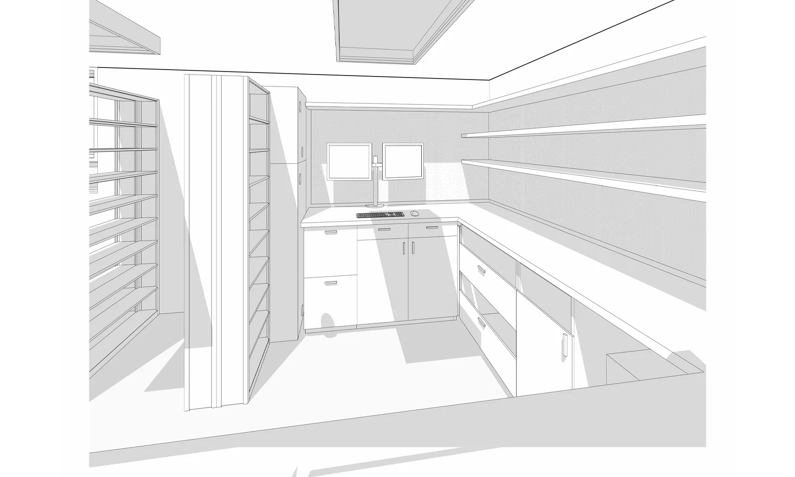 3D rendering of a clinic pharmacy workspace with built-in cabinetry, dual monitors, and open shelving.