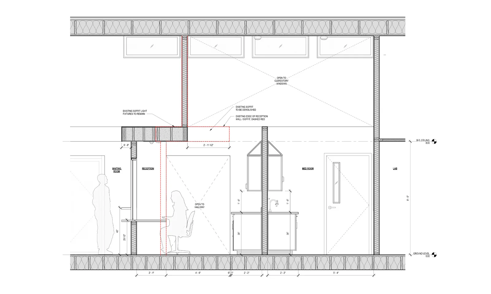 Architectural section drawing of a community health clinic interior showing reception, waiting, and medical rooms.